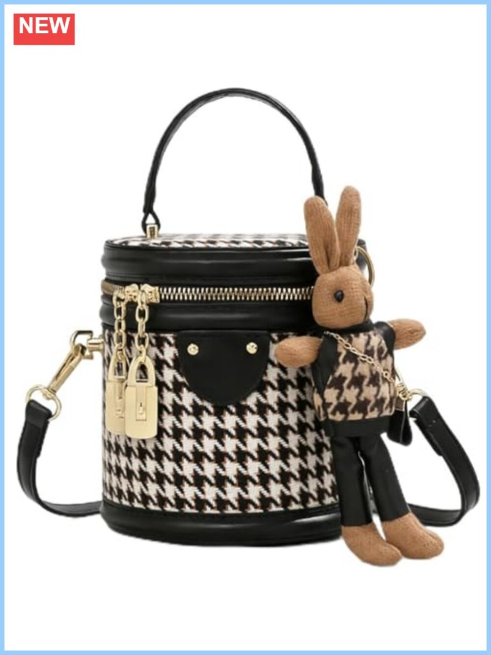 PU Leather Cylinder Bucket Crossbody Shoulder Bag with Bunny Doll